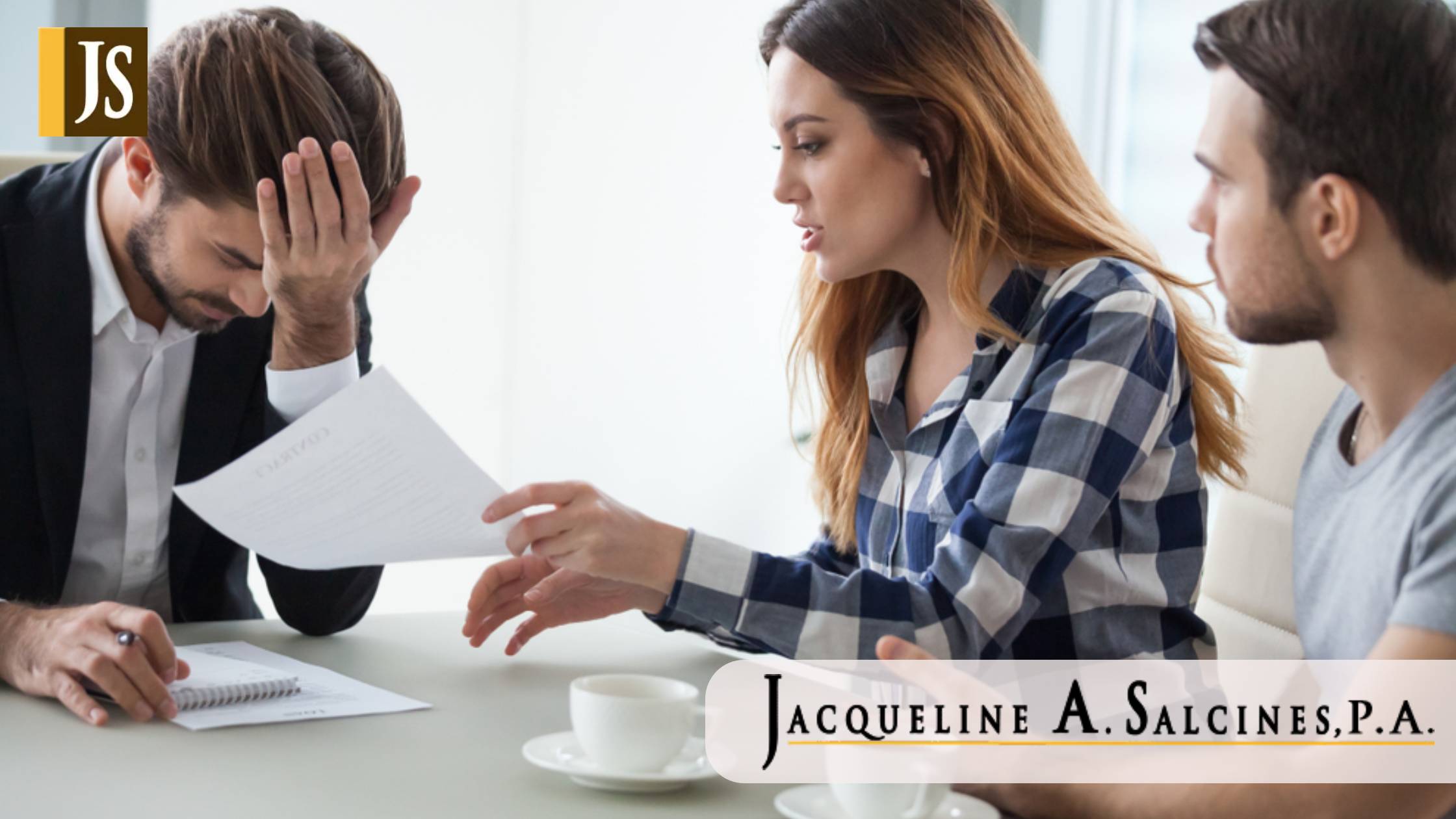 Dissatisfied wife have dispute with realtor or broker in office discussing contract mistakes or terms